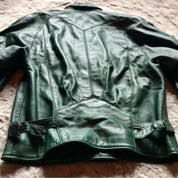 80s forest green vintage leather jacket, gathered waist, puff shoulders no size - Picture 2 of 12